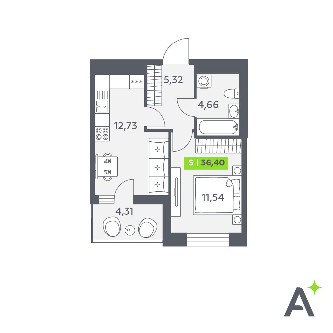Планировка: 2-комнатная квартира, 36,4 м²
