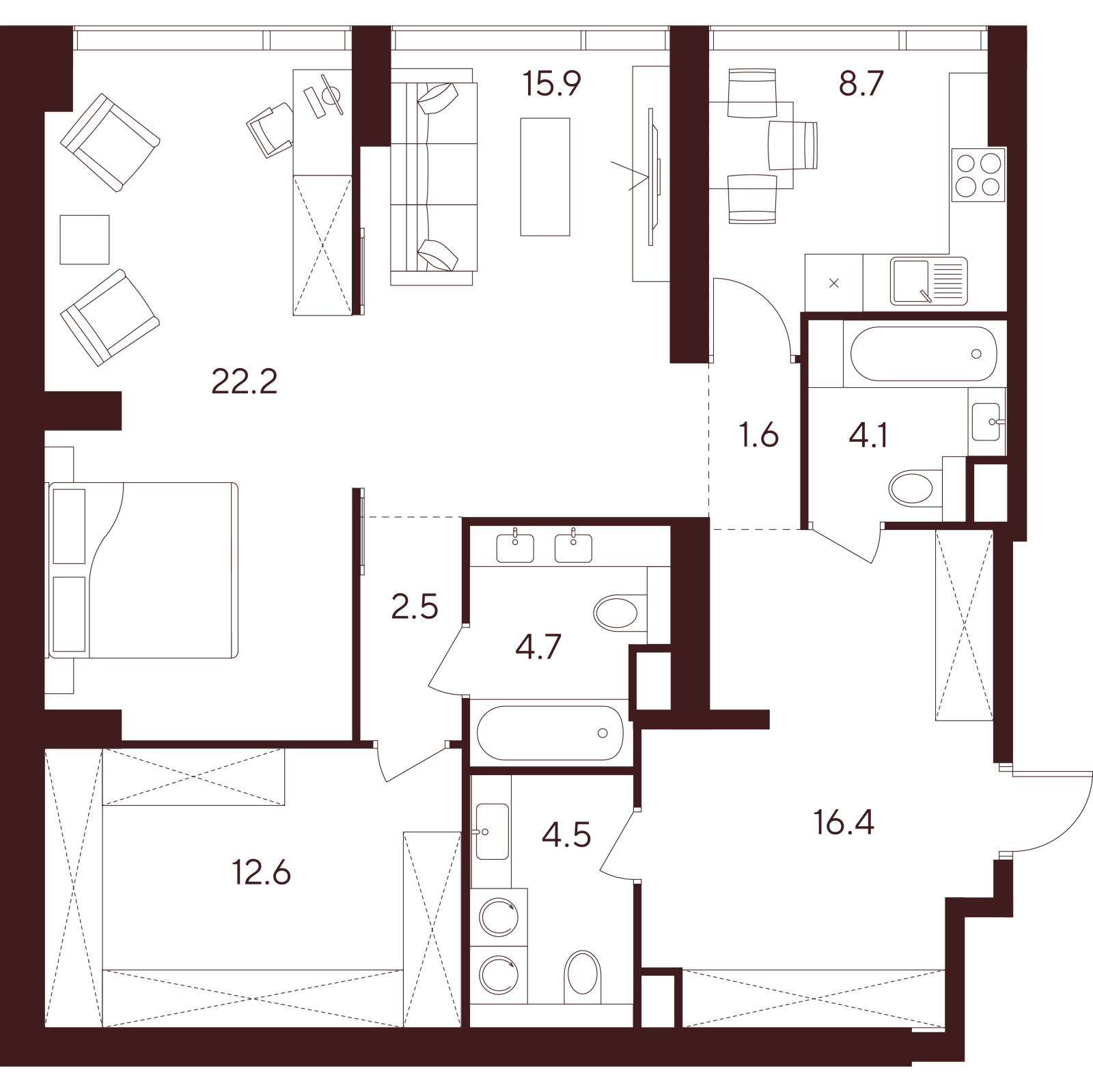 Планировка: 2-комнатная квартира, 93,2 м²