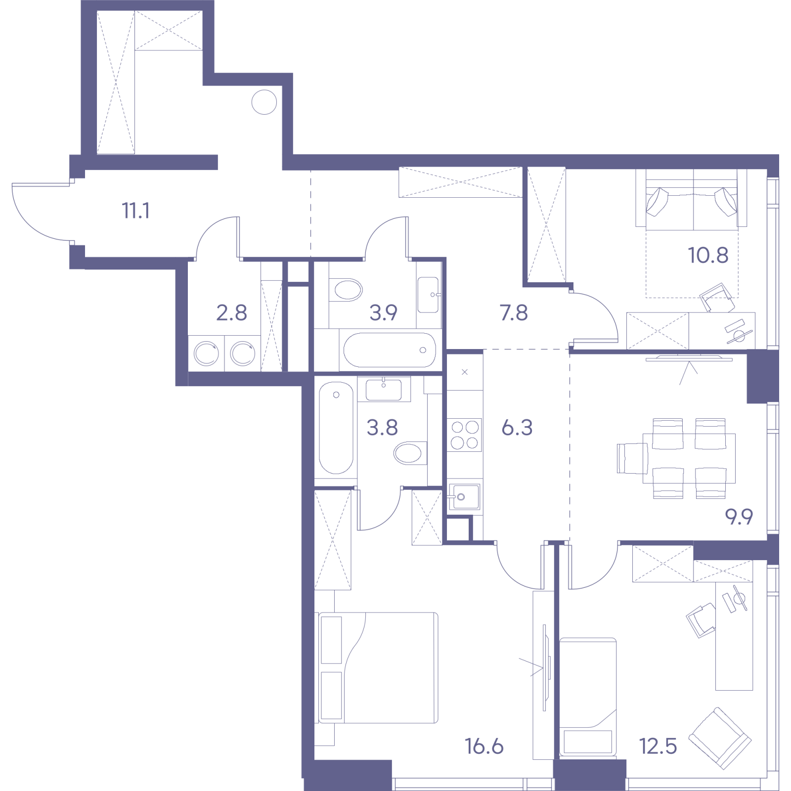 Планировка: 4-комнатная квартира, 85,5 м²