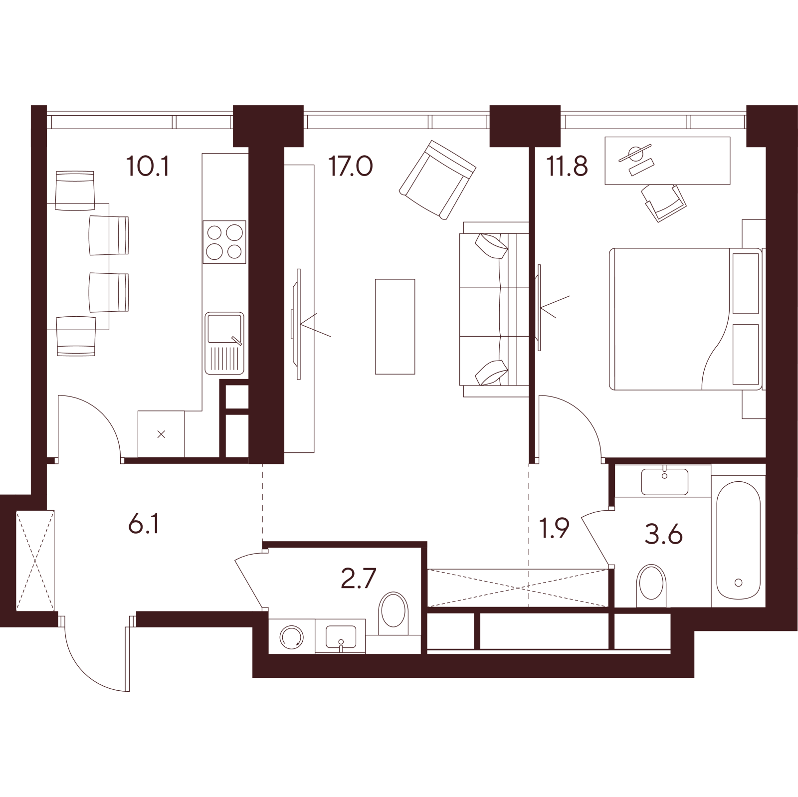 Планировка: 2-комнатная квартира, 53,2 м²