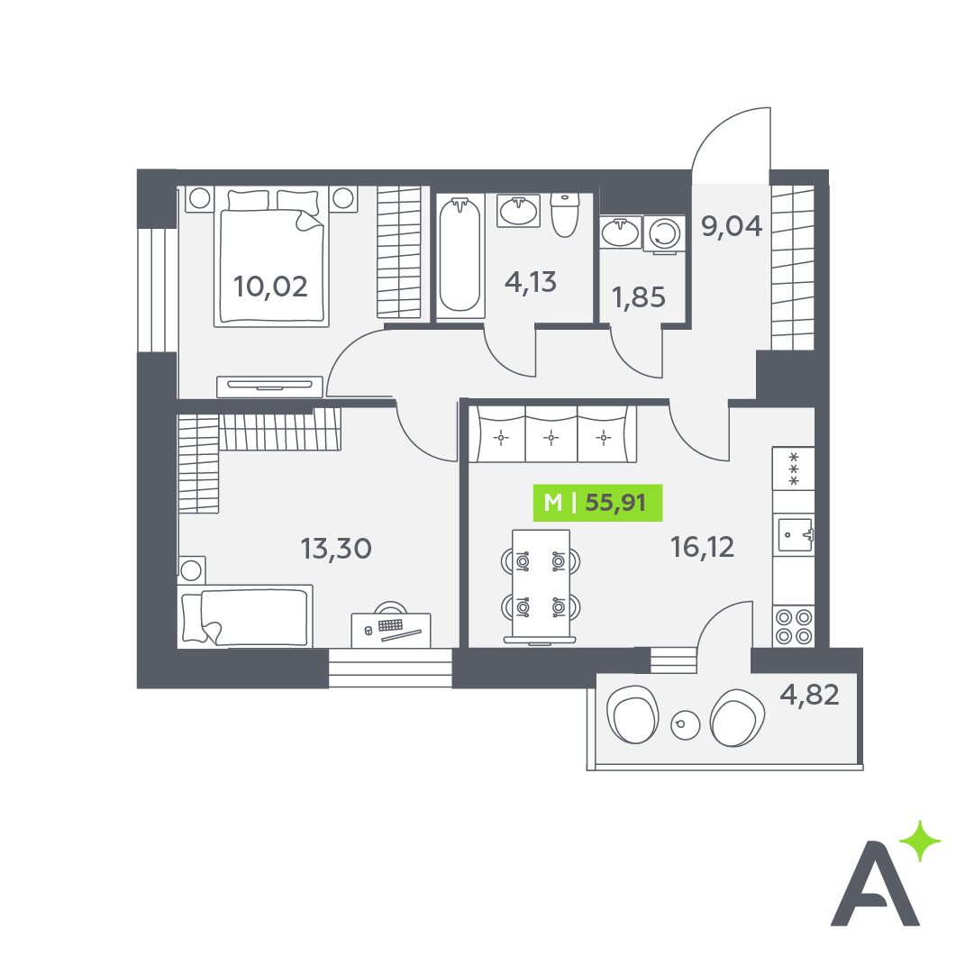 Планировка: 3-комнатная квартира, 55,9 м²