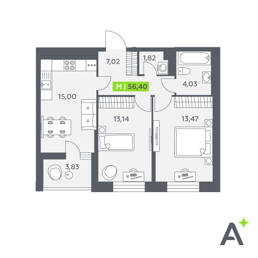 Планировка: 3-комнатная квартира, 56,4 м²