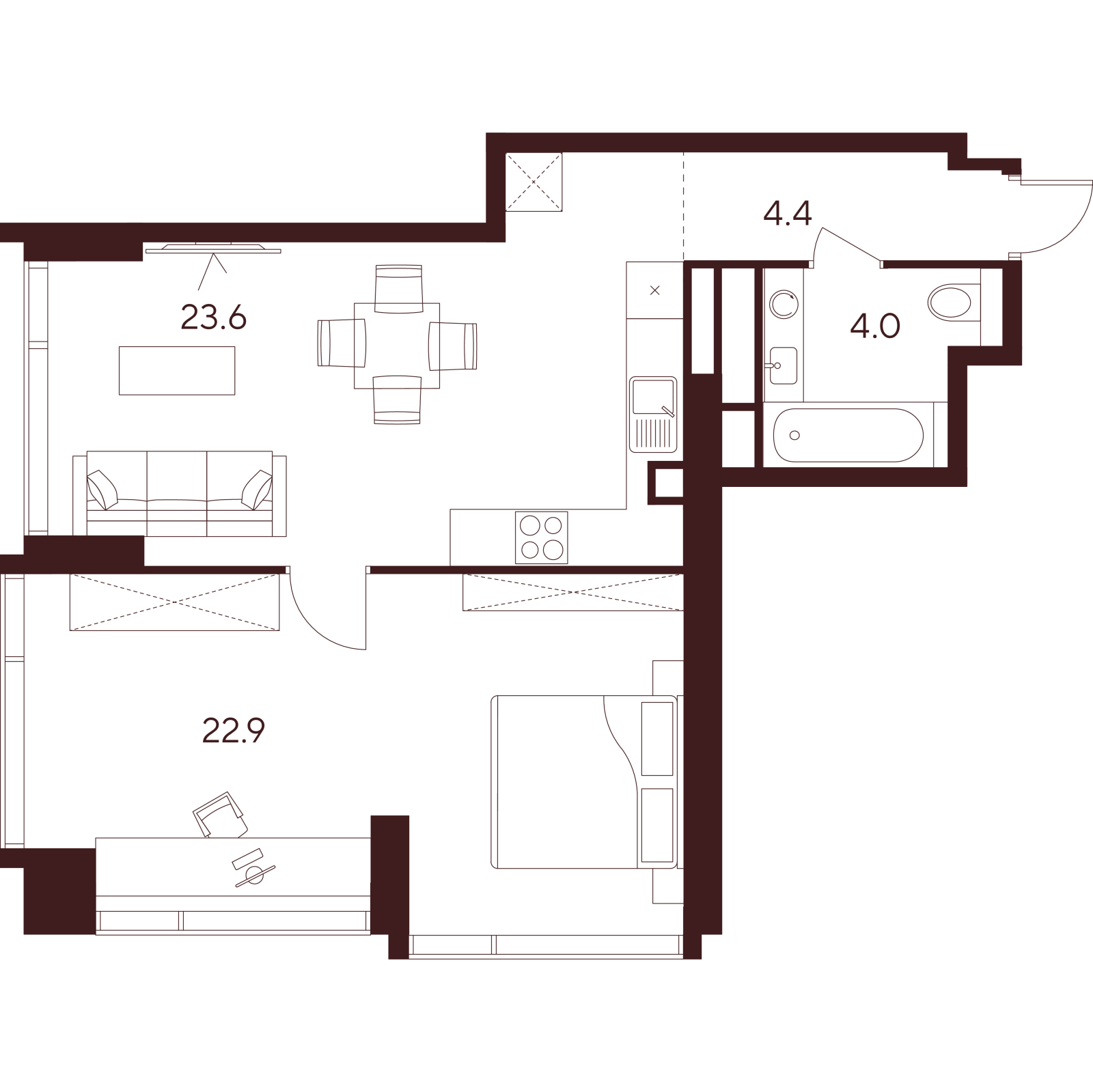 Планировка: 2-комнатная квартира, 54,9 м²