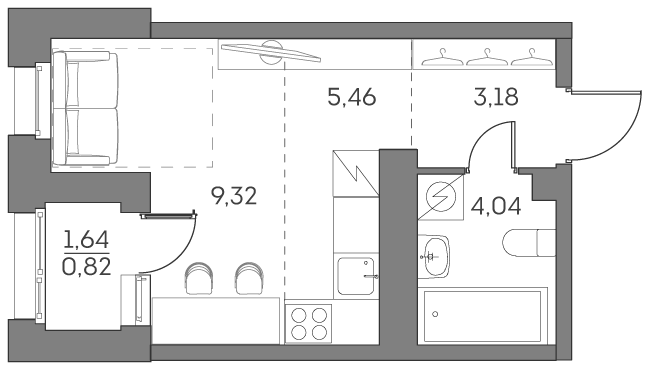 Планировка: студия, 22,8 м²