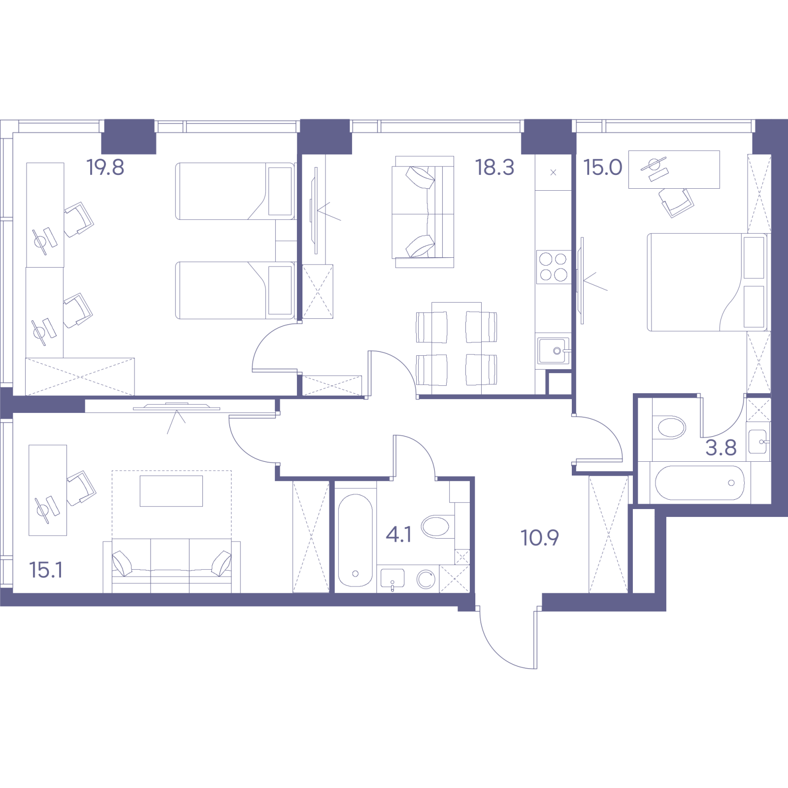 Планировка: 4-комнатная квартира, 87,0 м²
