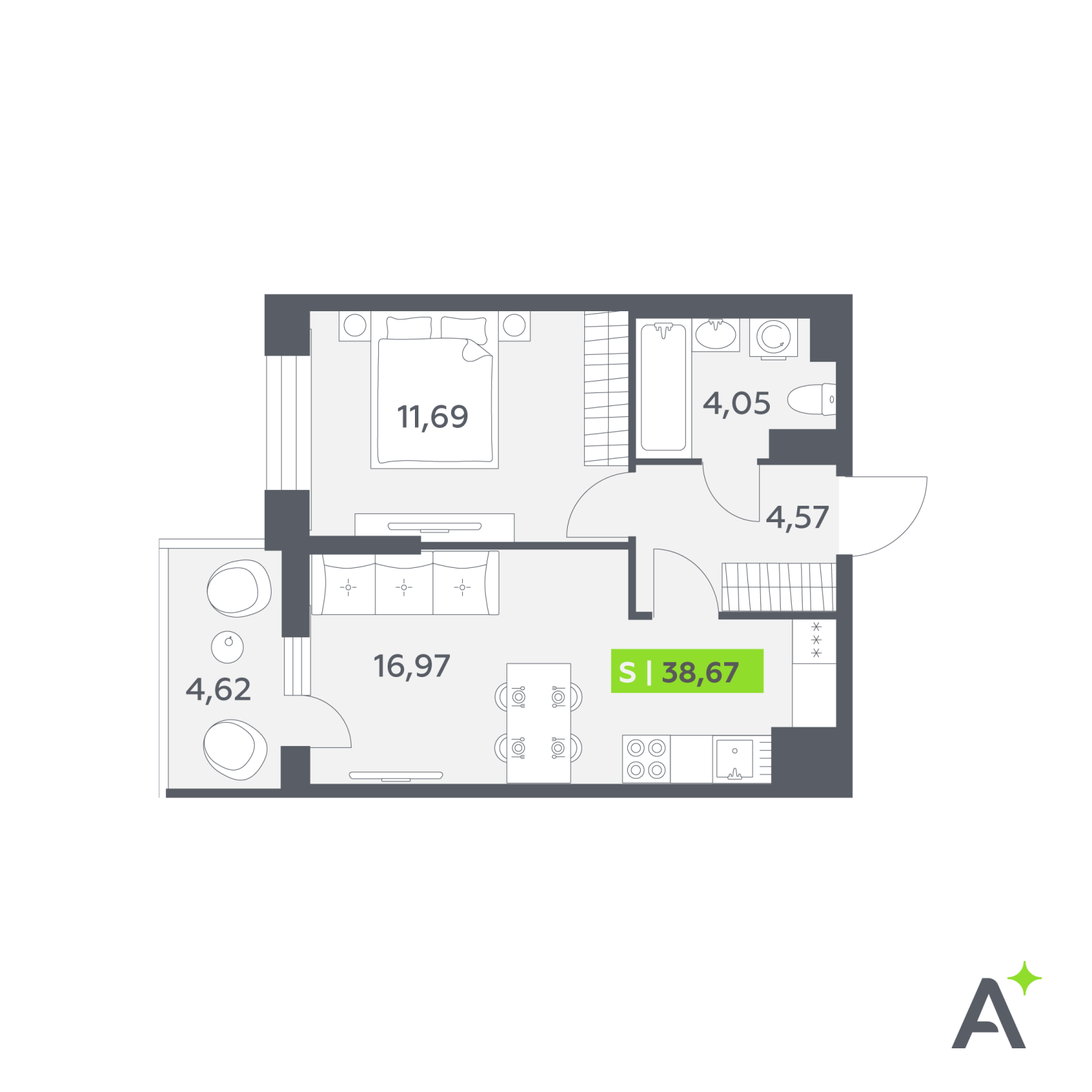 Планировка: 2-комнатная квартира, 38,7 м²