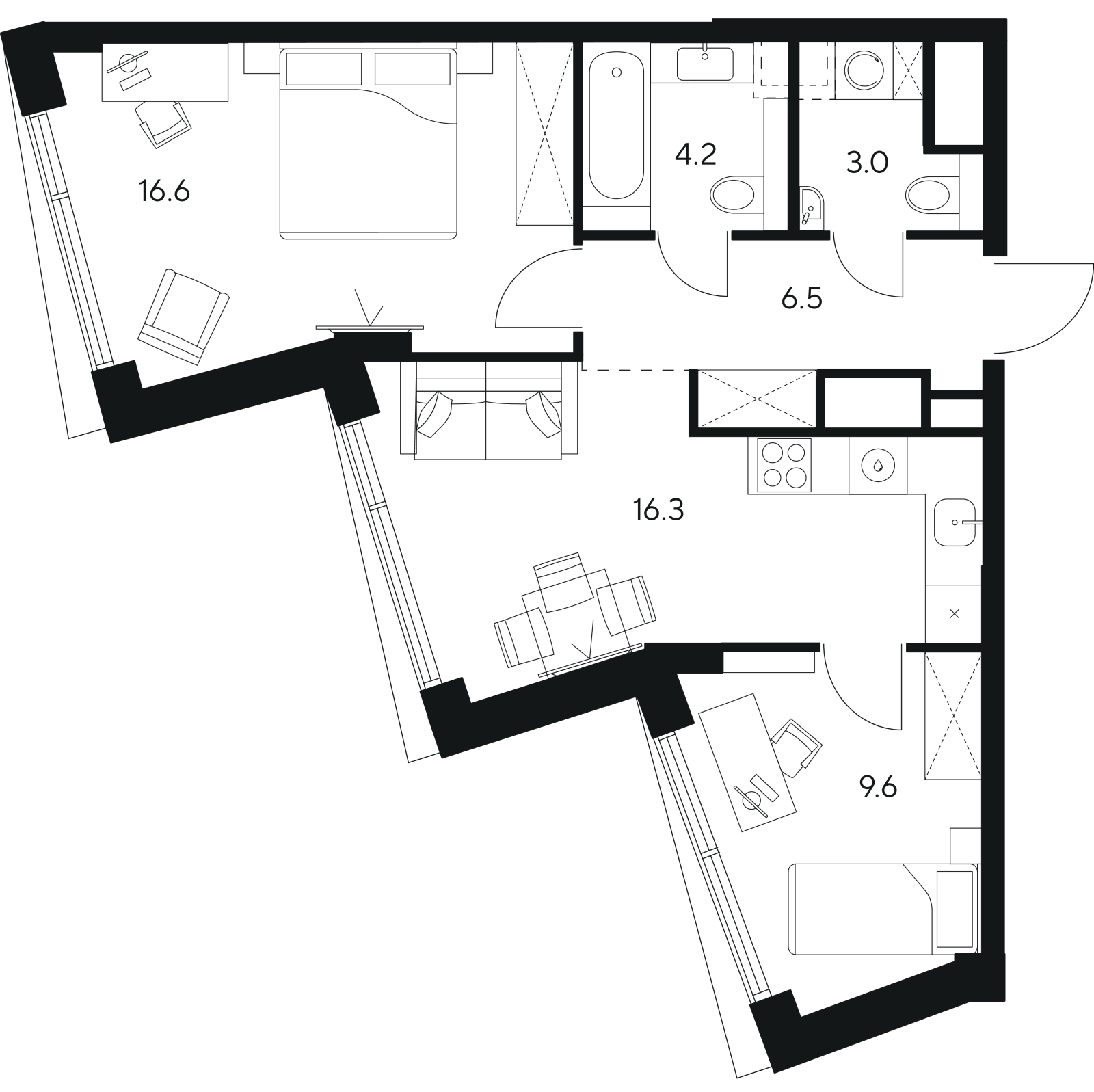 Планировка: 3-комнатная квартира, 56,2 м²
