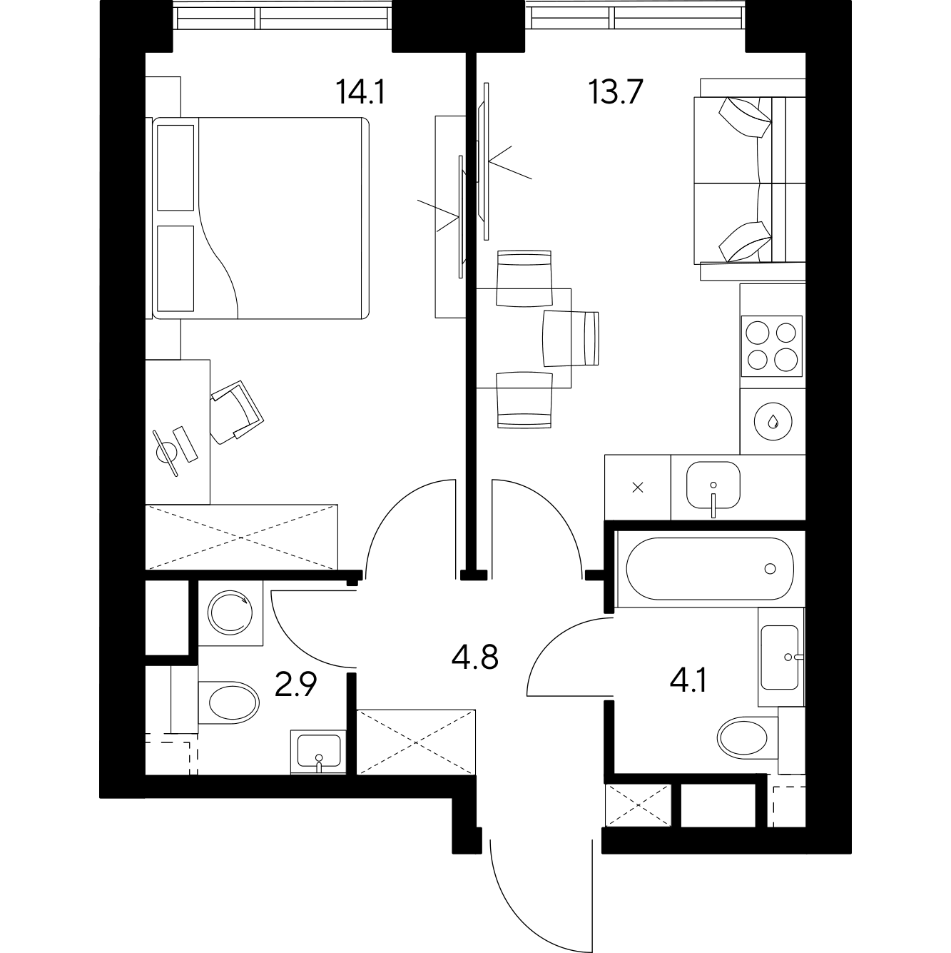 Планировка: 1-комнатная квартира, 39,6 м²