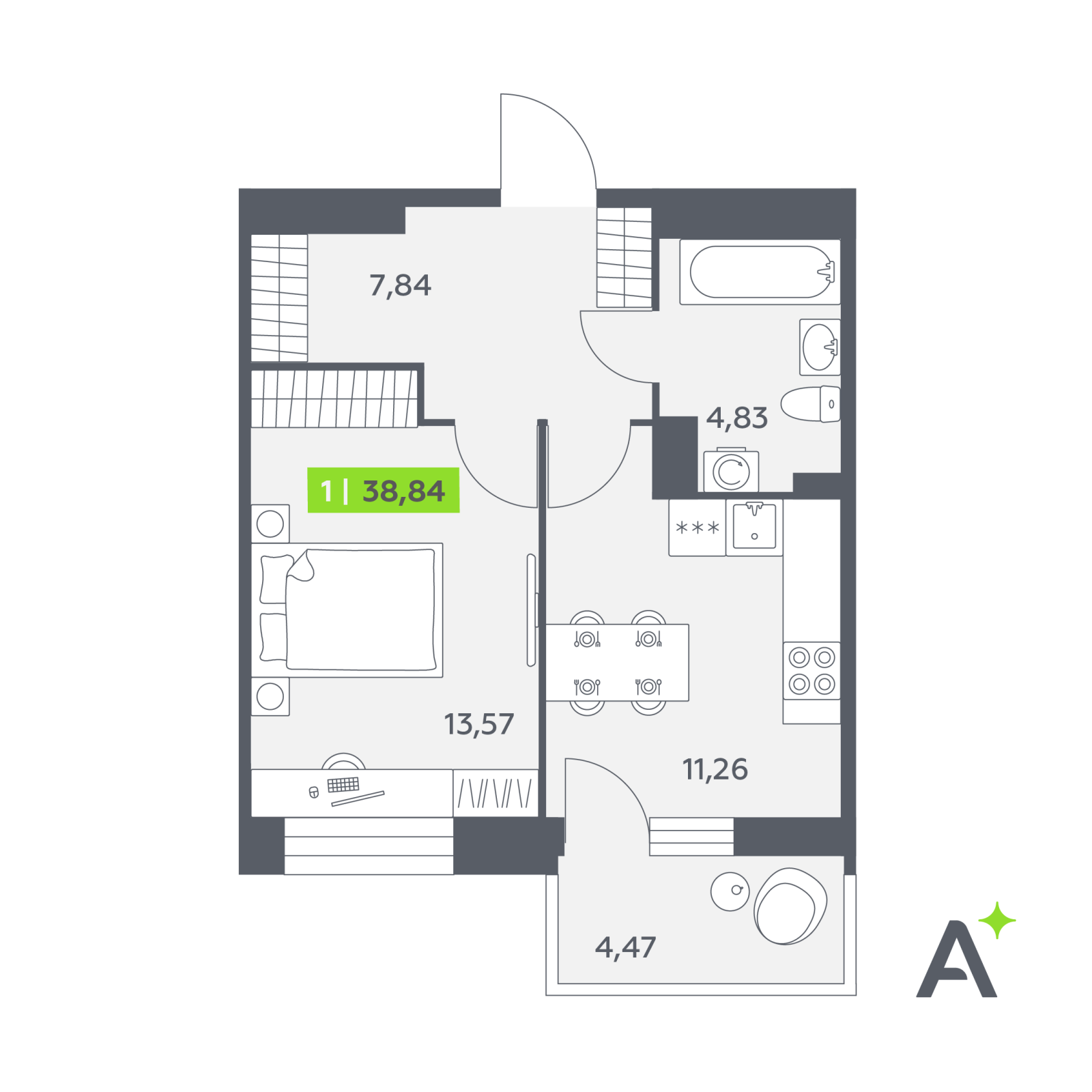 Планировка: 1-комнатная квартира, 38,8 м²