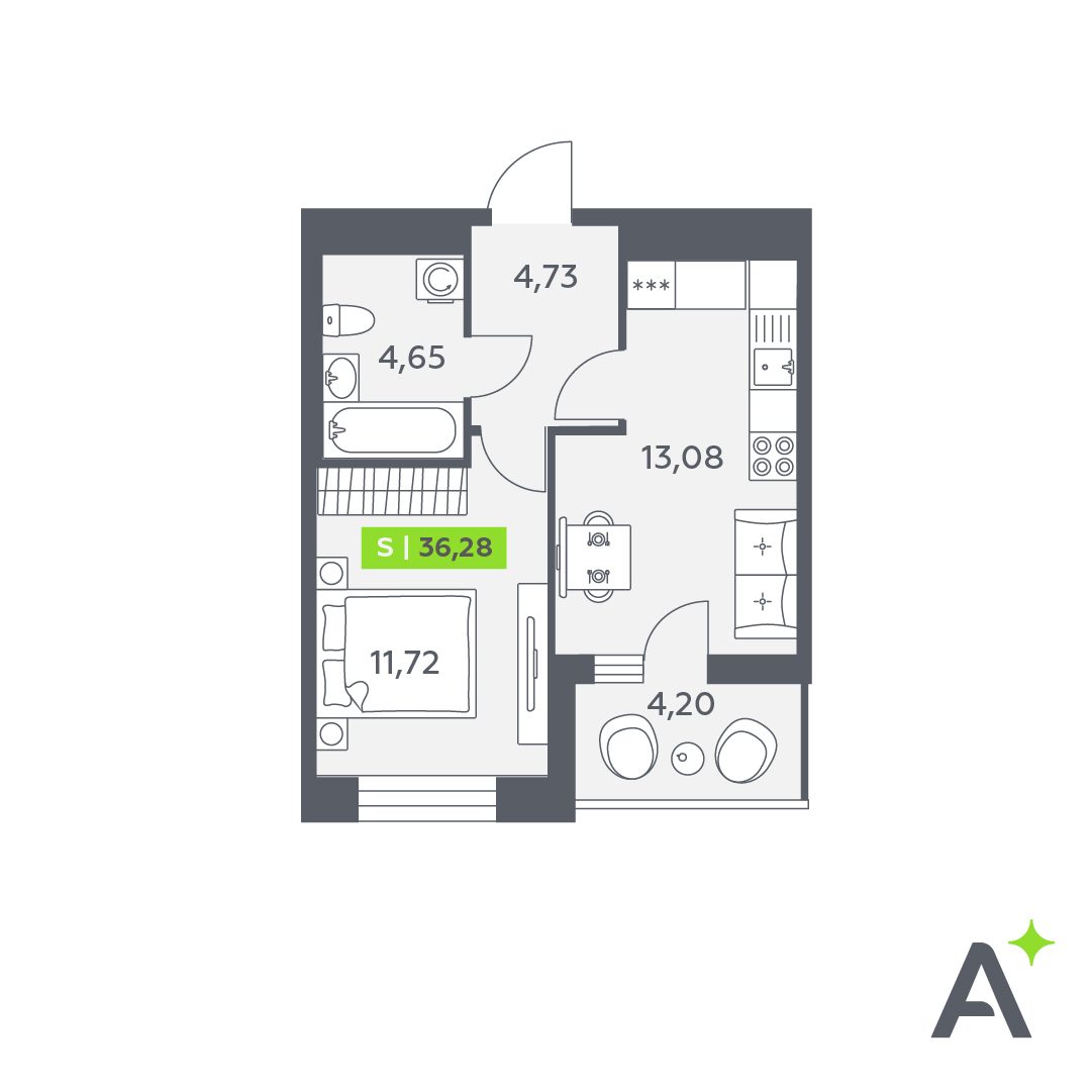 Планировка: 2-комнатная квартира, 36,3 м²