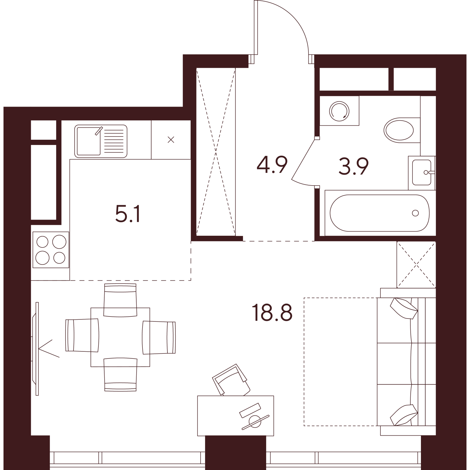 Планировка: студия, 32,7 м²