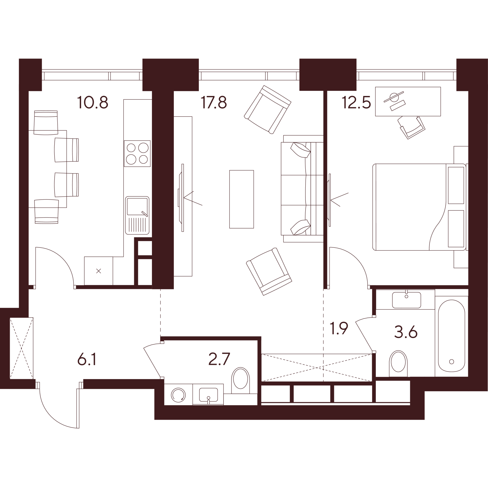 Планировка: 2-комнатная квартира, 55,4 м²