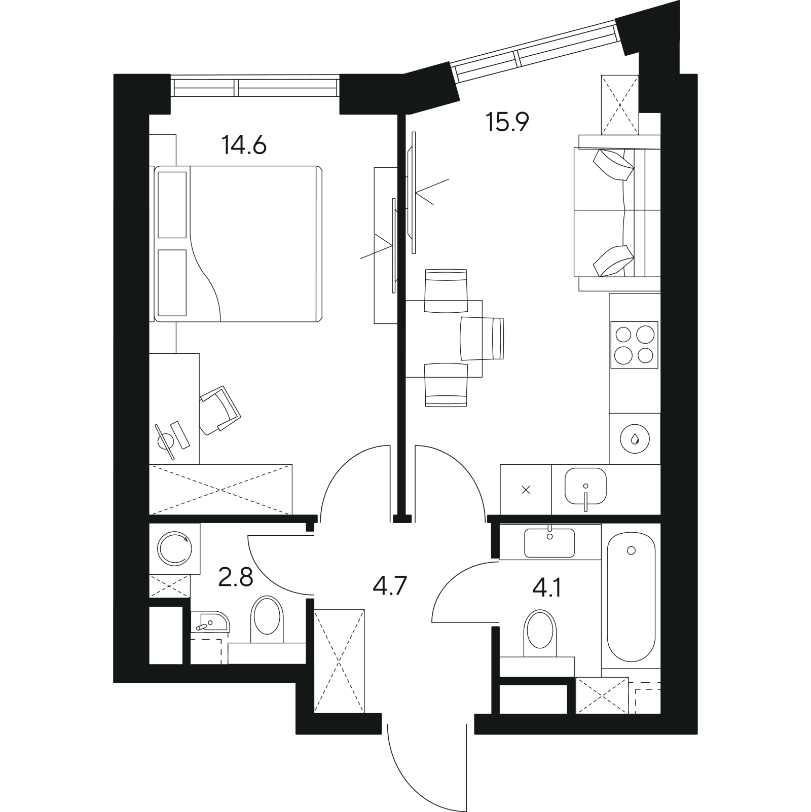 Планировка: 1-комнатная квартира, 42,1 м²