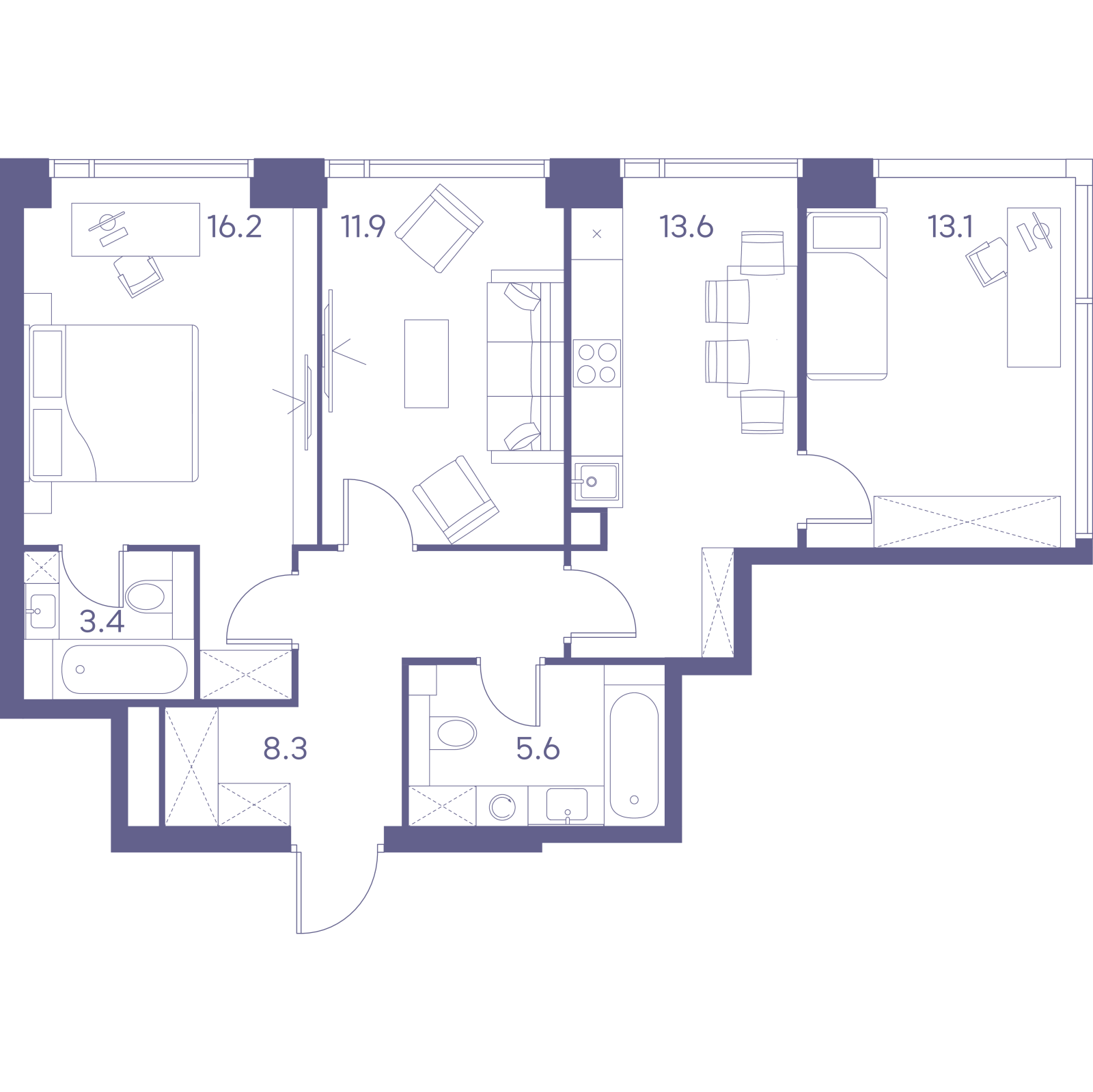 Планировка: 3-комнатная квартира, 72,1 м²