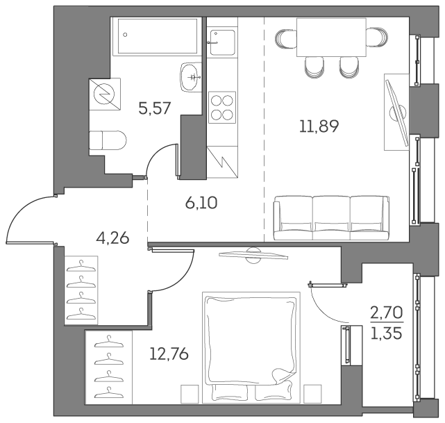 Планировка: 2-комнатная квартира, 41,9 м²