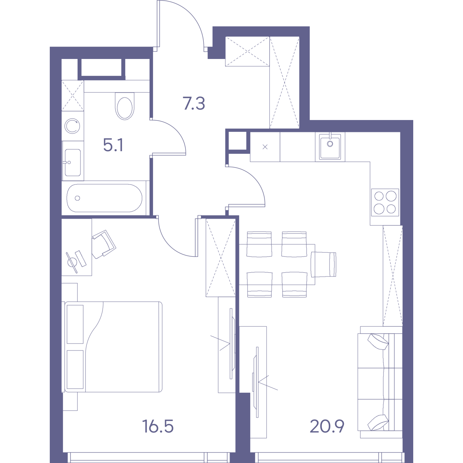 Планировка: 2-комнатная квартира, 49,8 м²