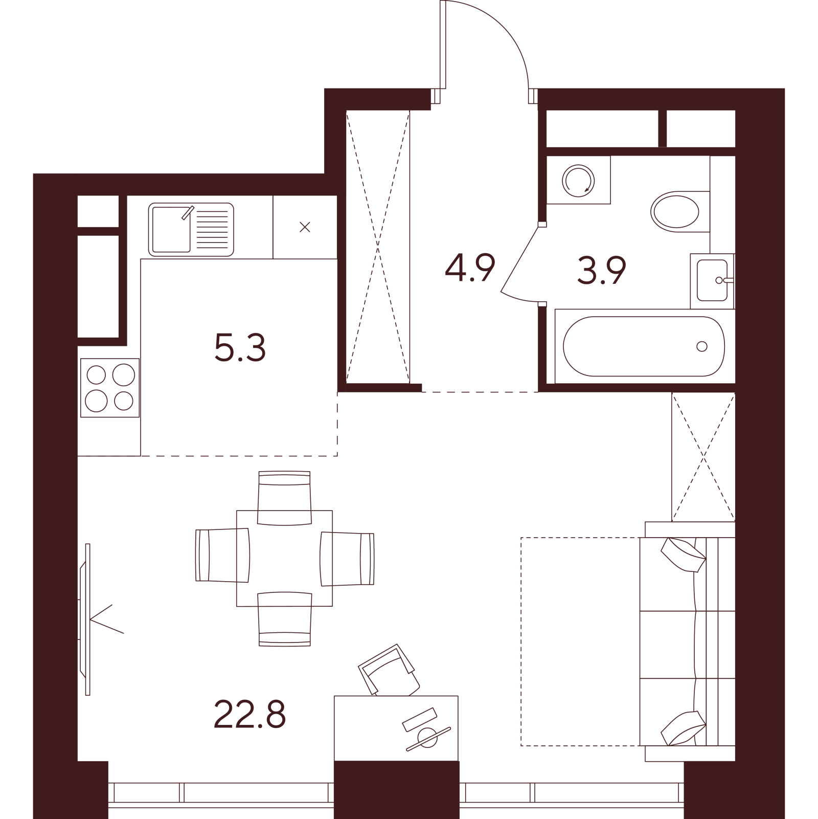 Планировка: студия, 36,9 м²