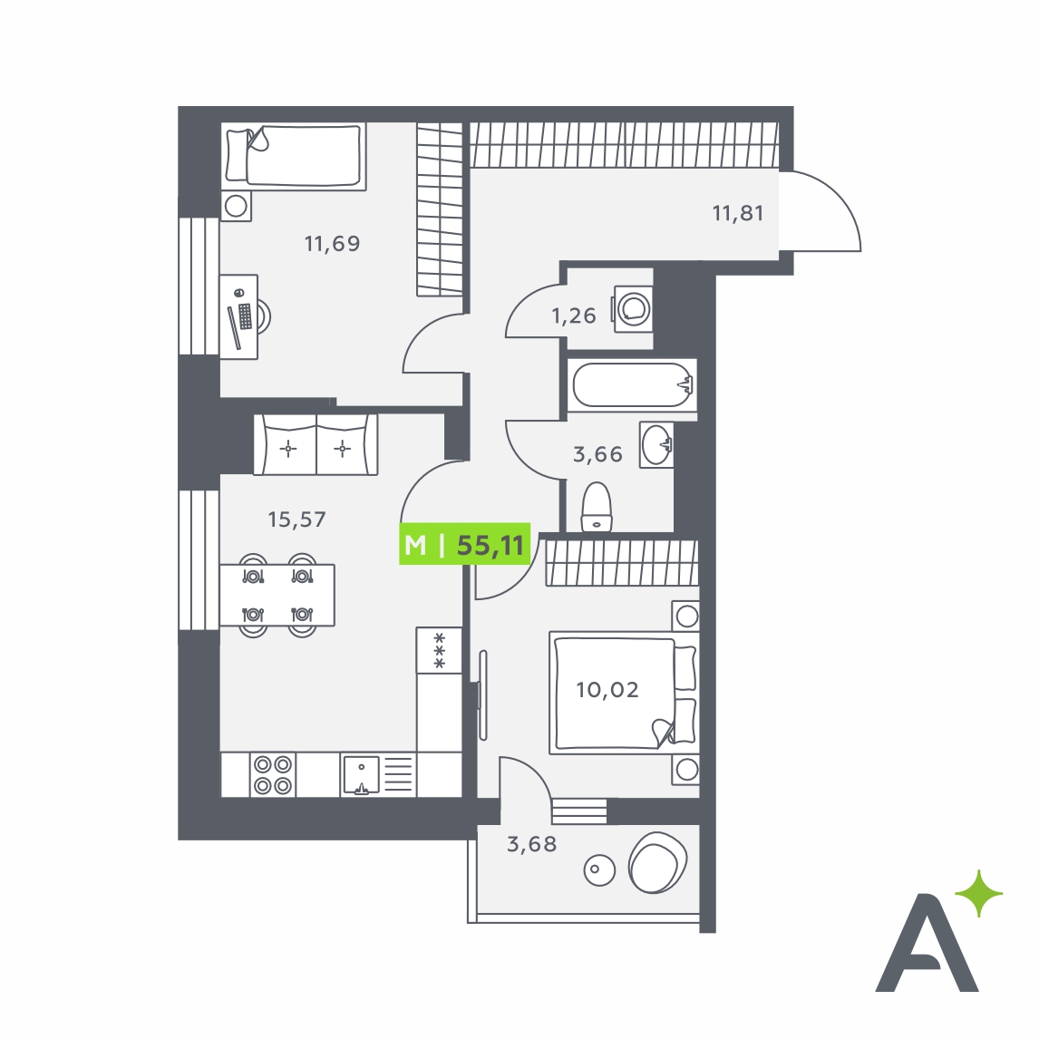 Планировка: 3-комнатная квартира, 55,1 м²