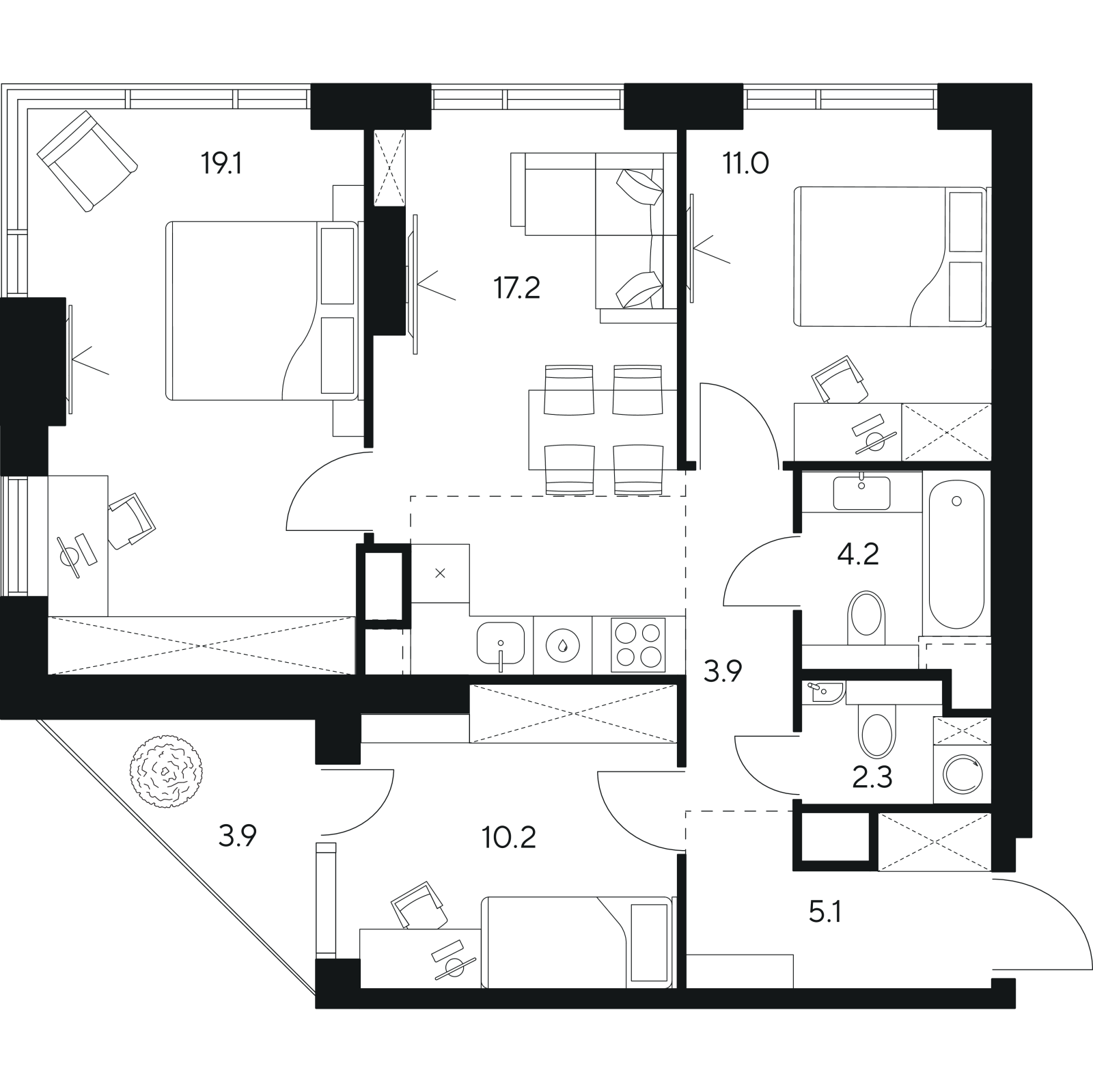Планировка: 4-комнатная квартира, 76,9 м²