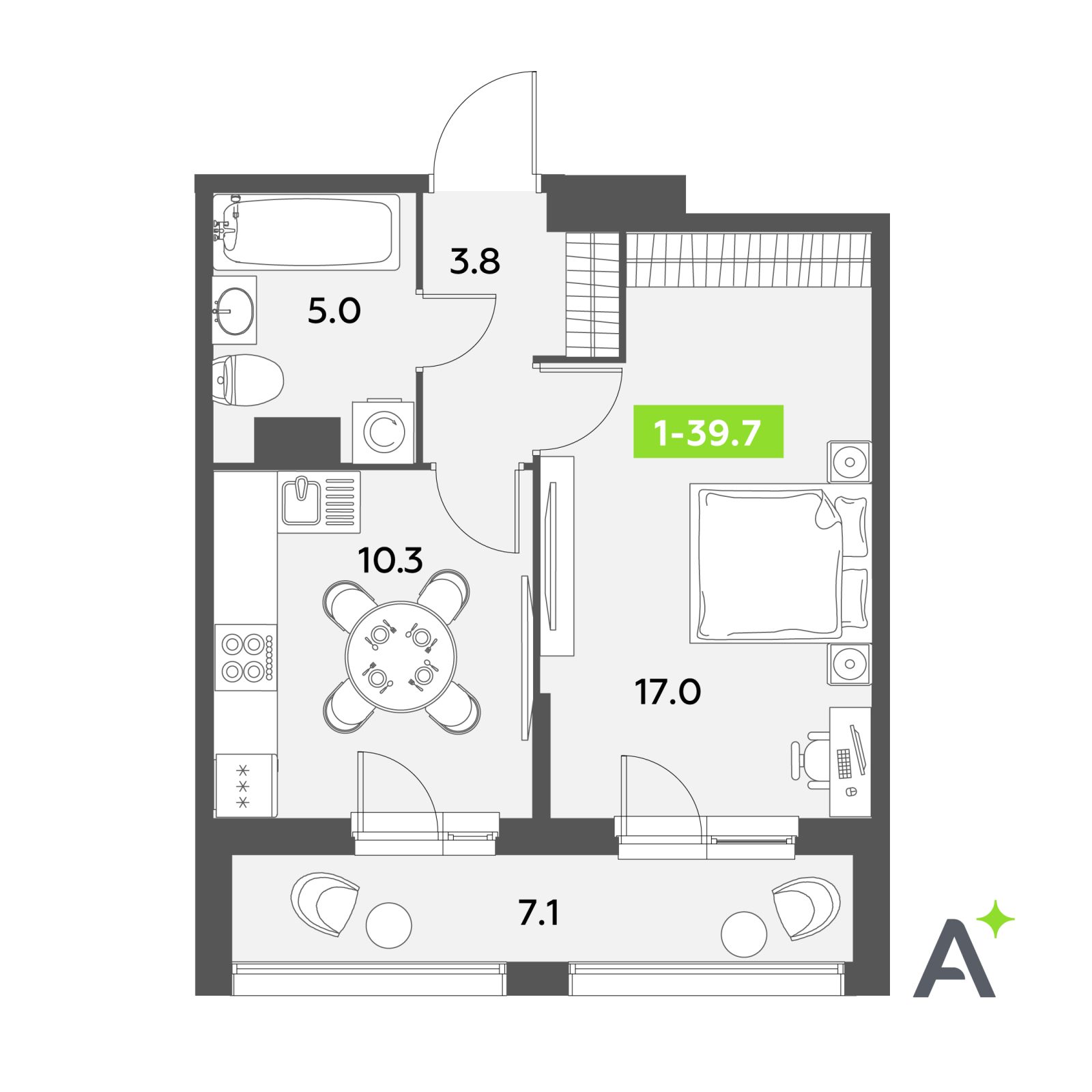 Планировка: 1-комнатная квартира, 39,7 м²