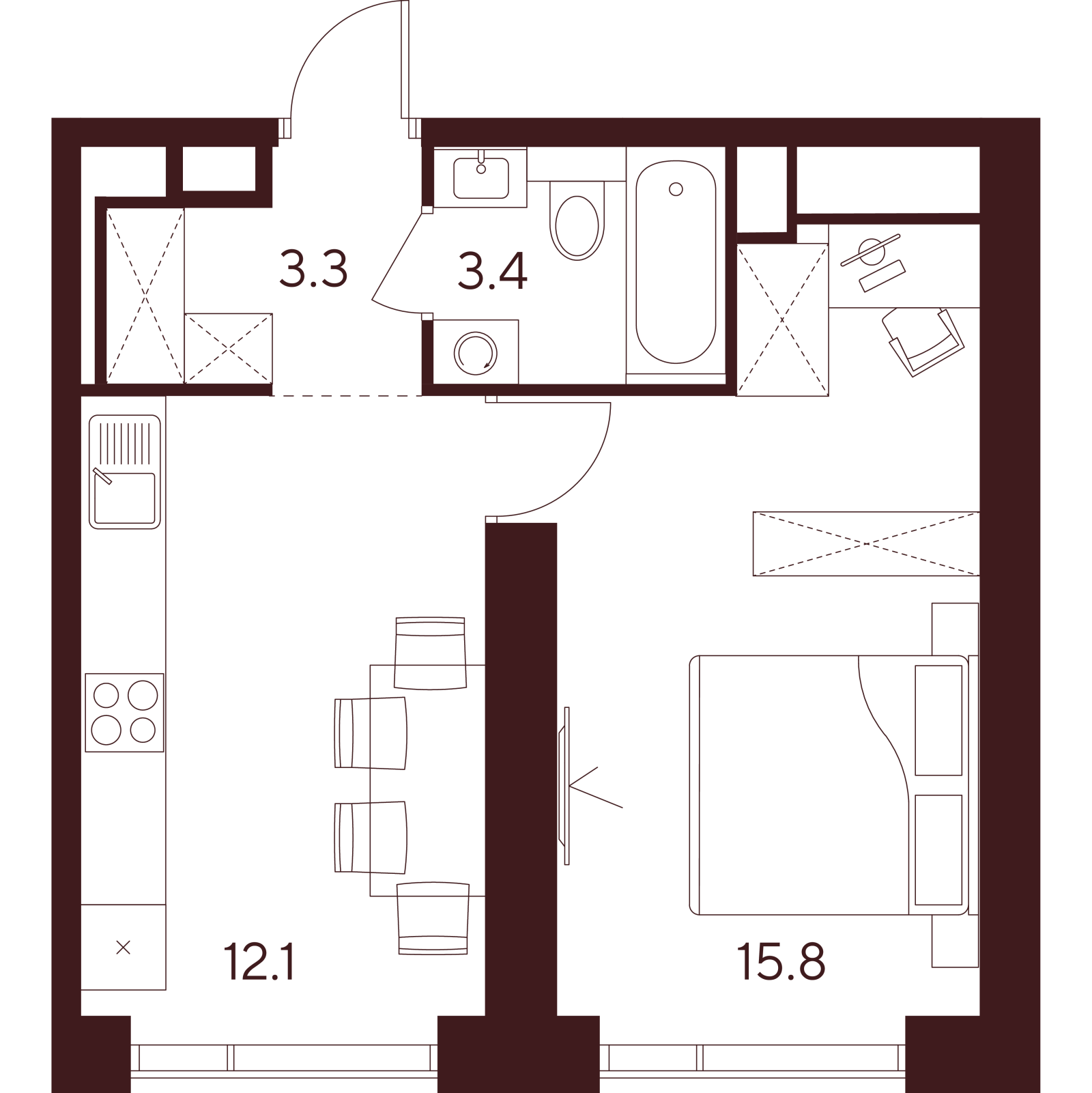 Планировка: 1-комнатная квартира, 34,6 м²