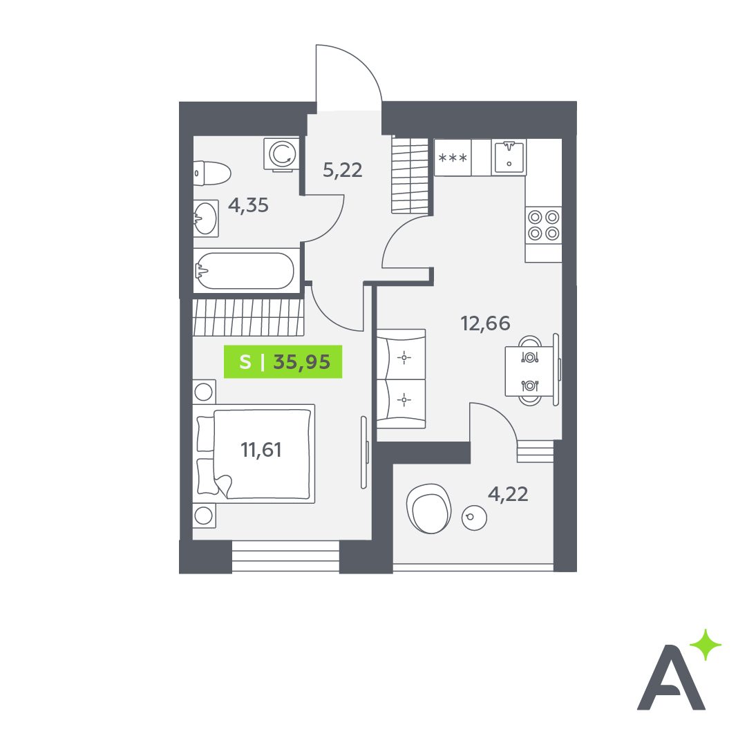 Планировка: 2-комнатная квартира, 36,0 м²
