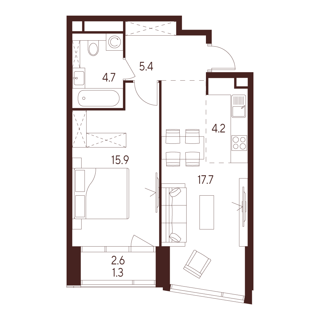 Планировка: 2-комнатная квартира, 49,2 м²