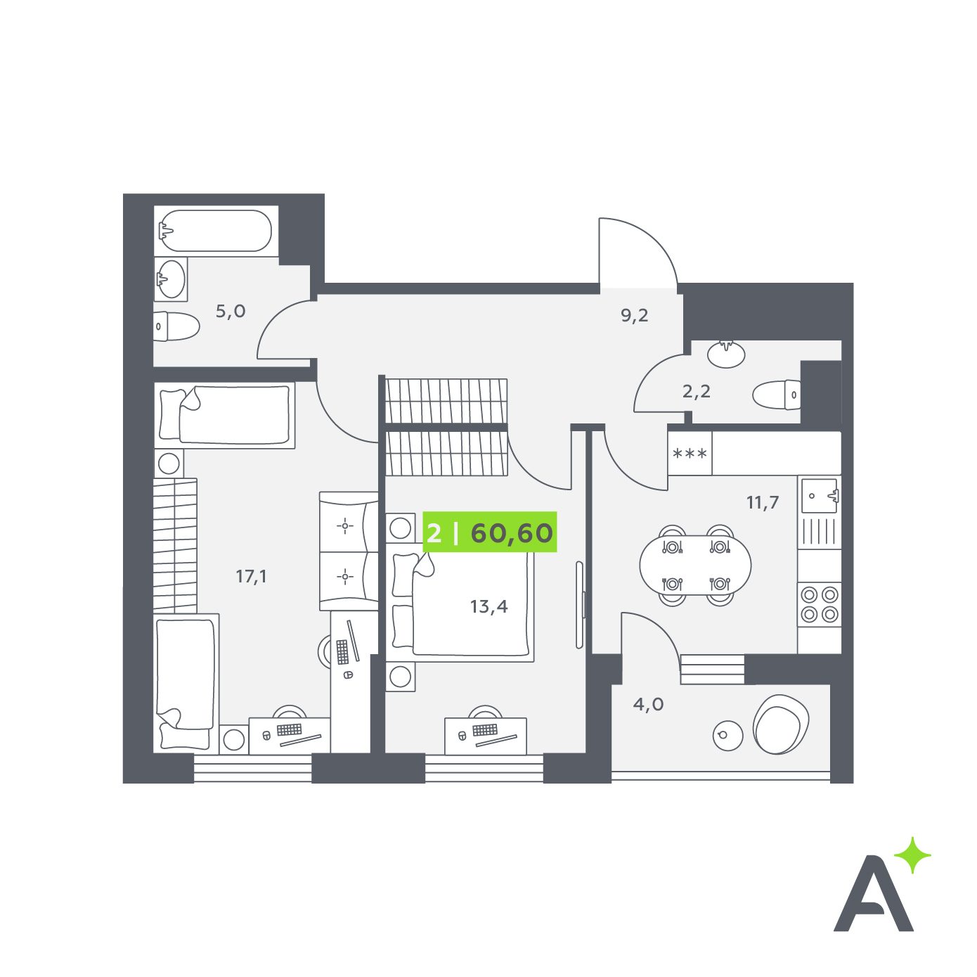 Планировка: 2-комнатная квартира, 60,6 м²