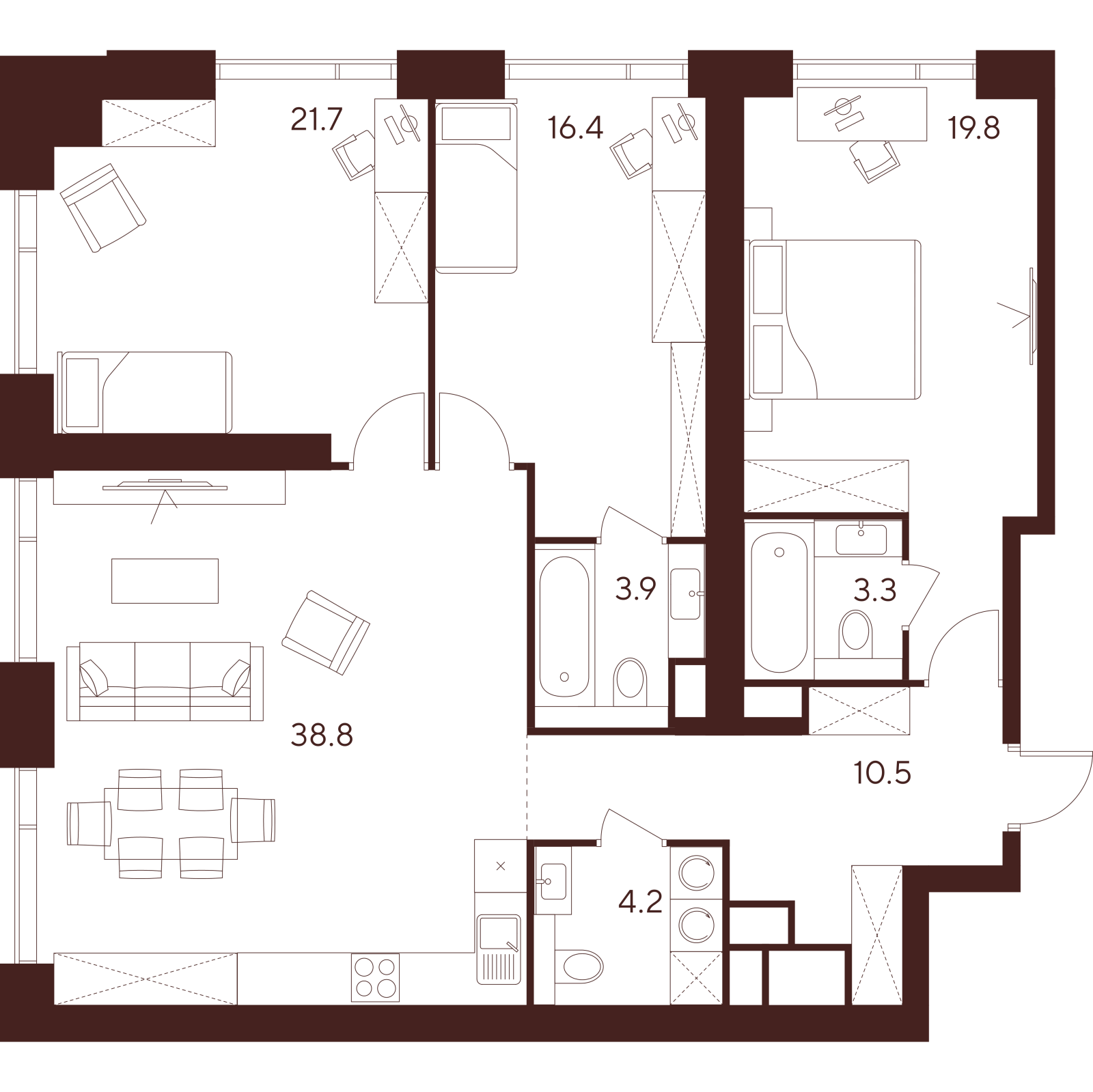 Планировка: 4-комнатная квартира, 118,6 м²