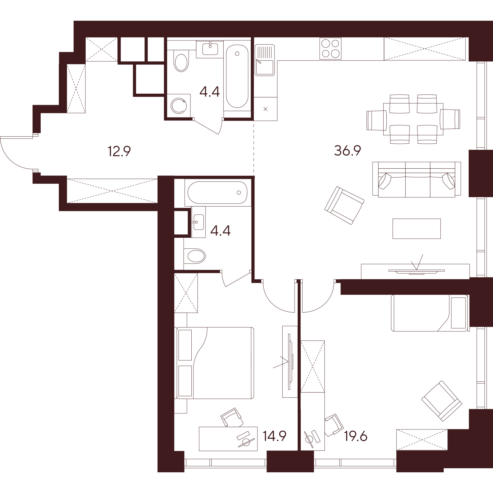 Планировка: 3-комнатная квартира, 93,1 м²