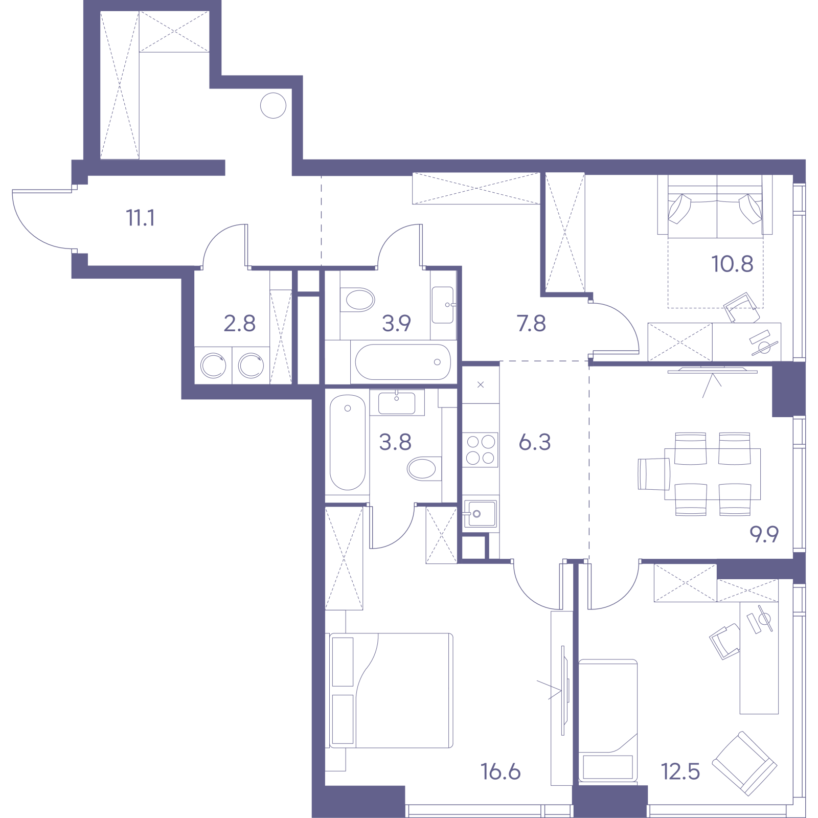 Планировка: 4-комнатная квартира, 85,5 м²