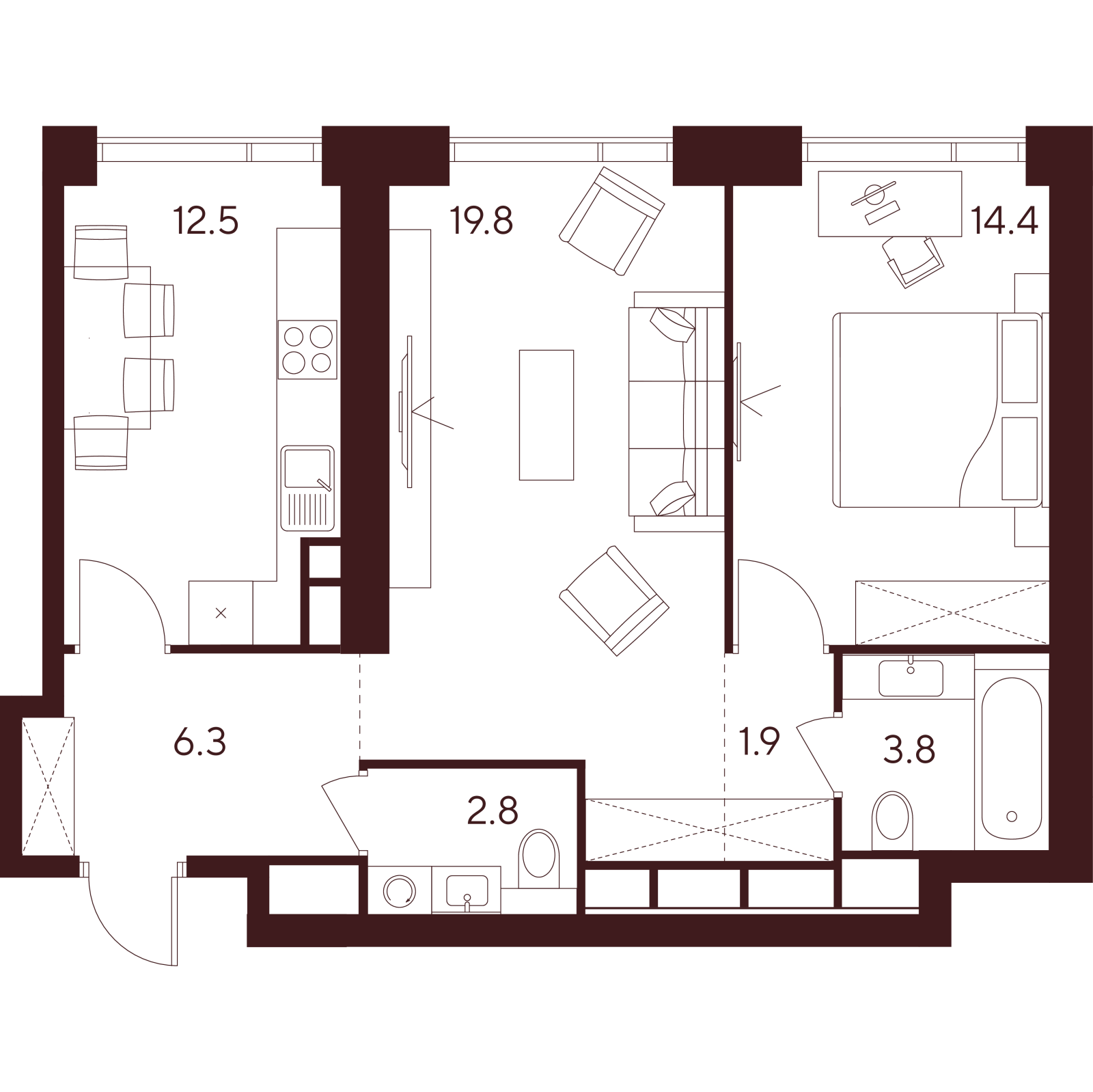 Планировка: 2-комнатная квартира, 61,5 м²