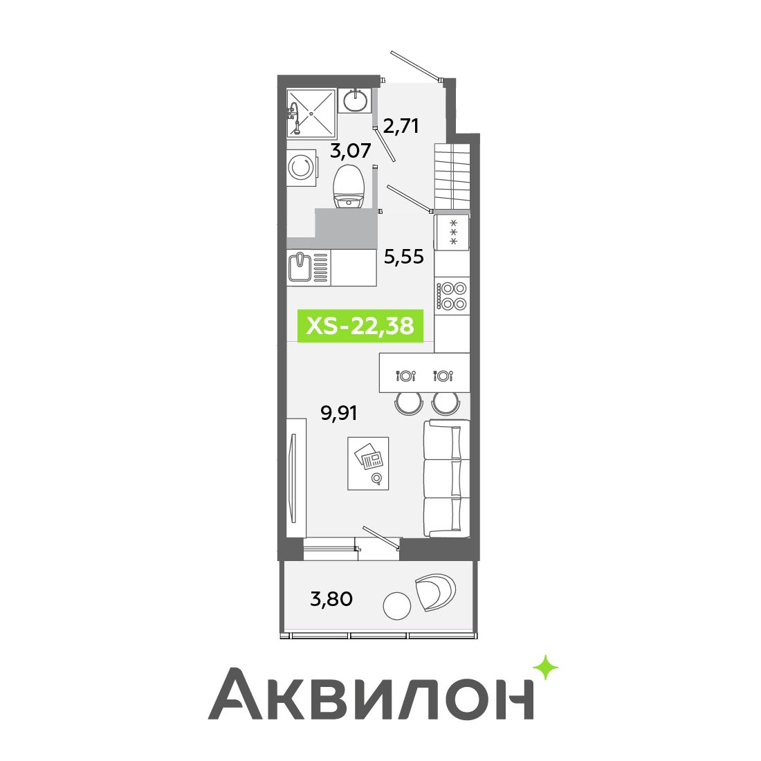 Планировка: студия, 22,4 м²