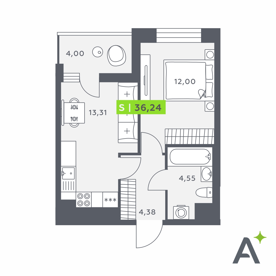 Планировка: 2-комнатная квартира, 36,2 м²