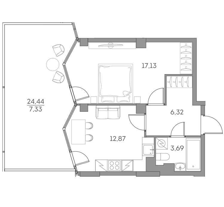 Планировка: 1-комнатная квартира, 47,3 м²