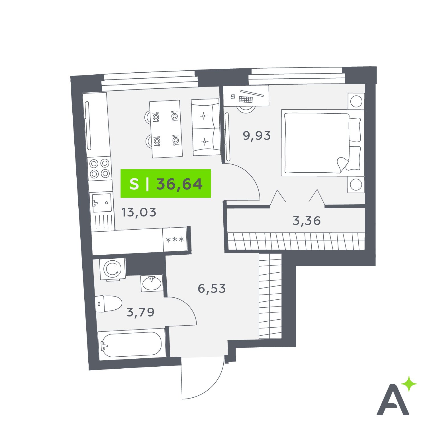 Планировка: 2-комнатная квартира, 36,6 м²