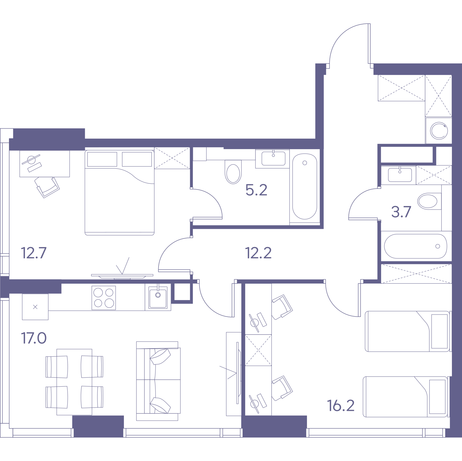 Планировка: 3-комнатная квартира, 67,0 м²