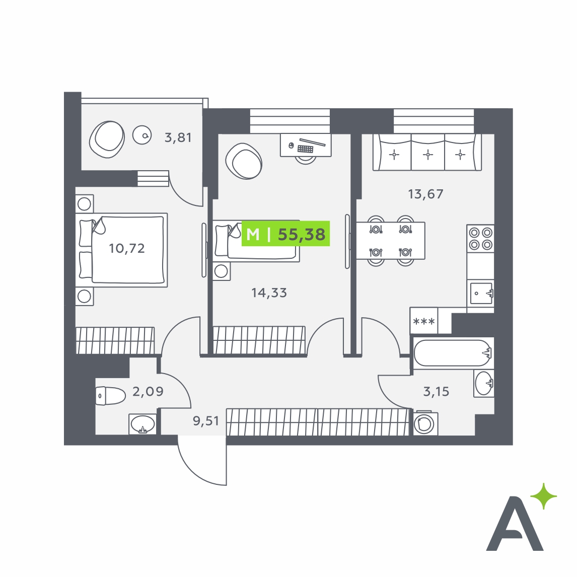 Планировка: 3-комнатная квартира, 55,4 м²