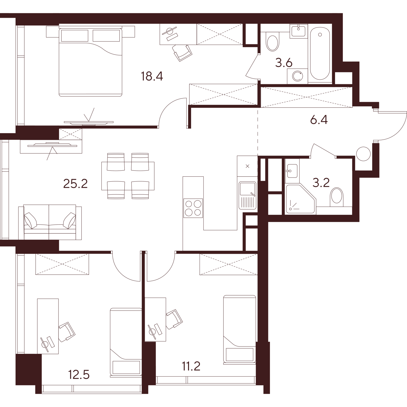 Планировка: 4-комнатная квартира, 80,5 м²