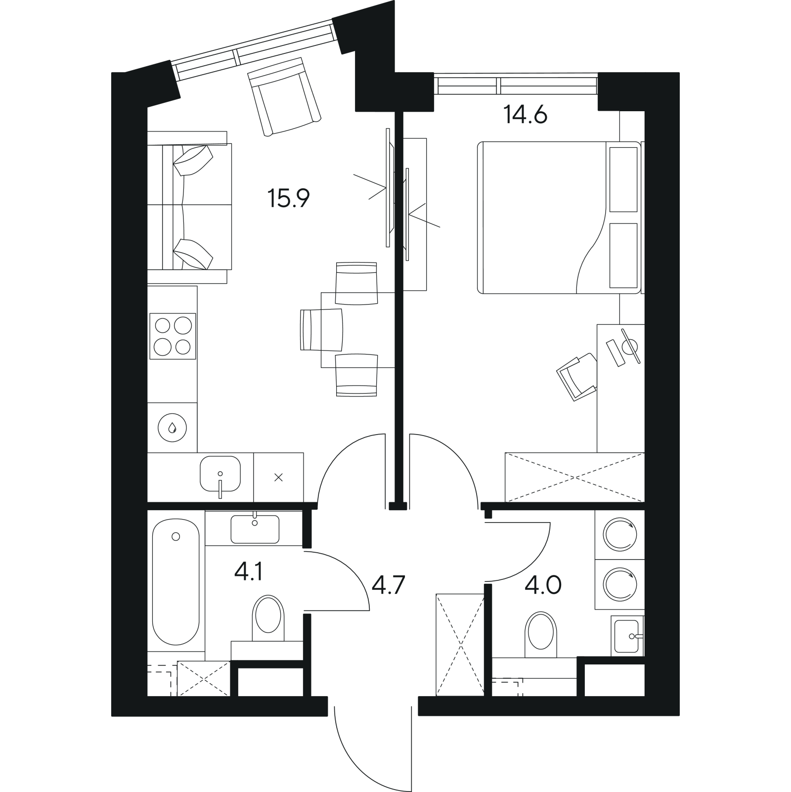 Планировка: 1-комнатная квартира, 43,3 м²