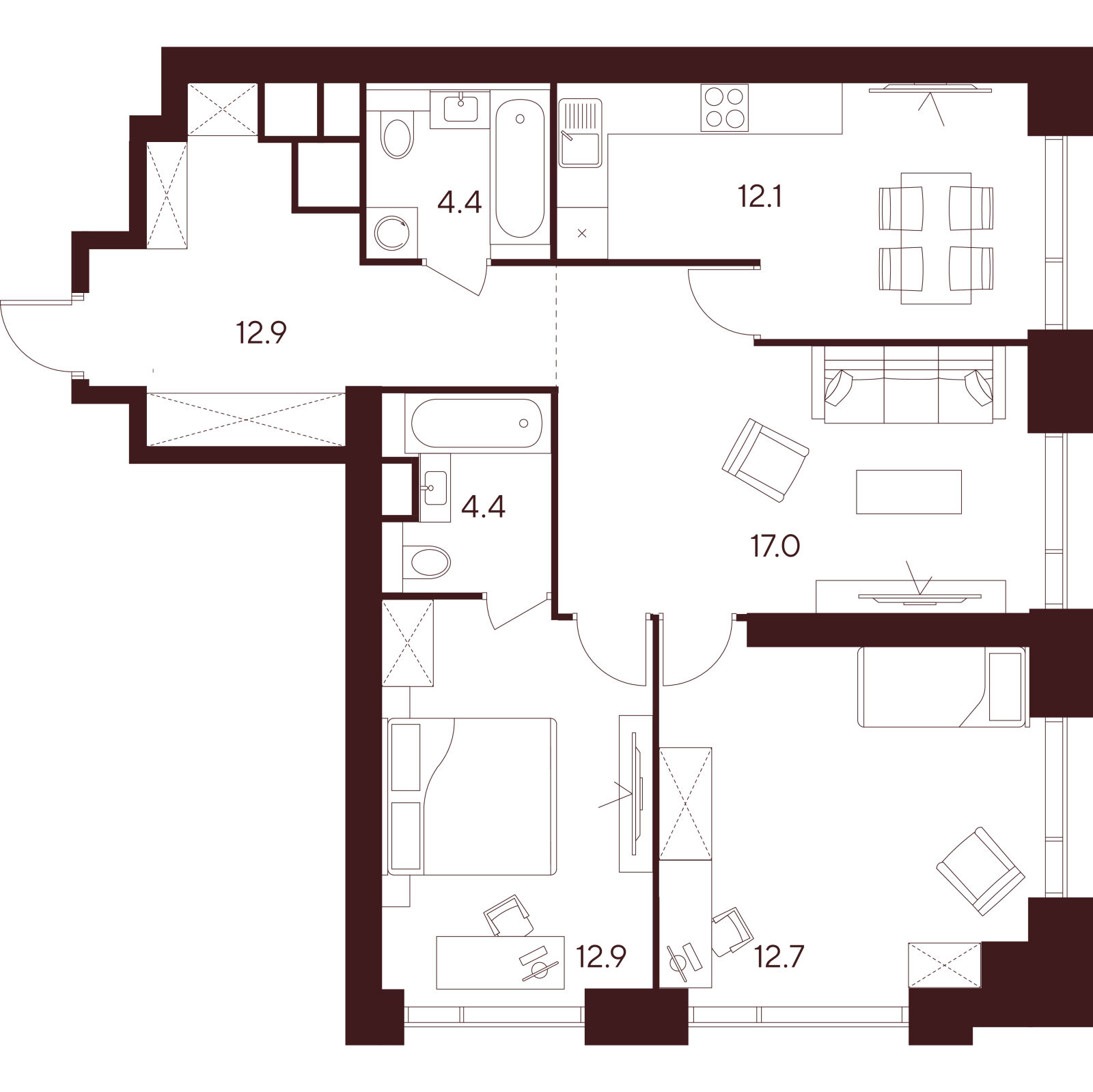 Планировка: 3-комнатная квартира, 76,4 м²