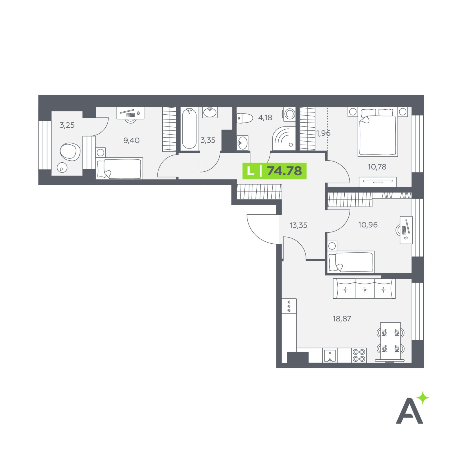 Планировка: 4-комнатная квартира, 74,5 м²