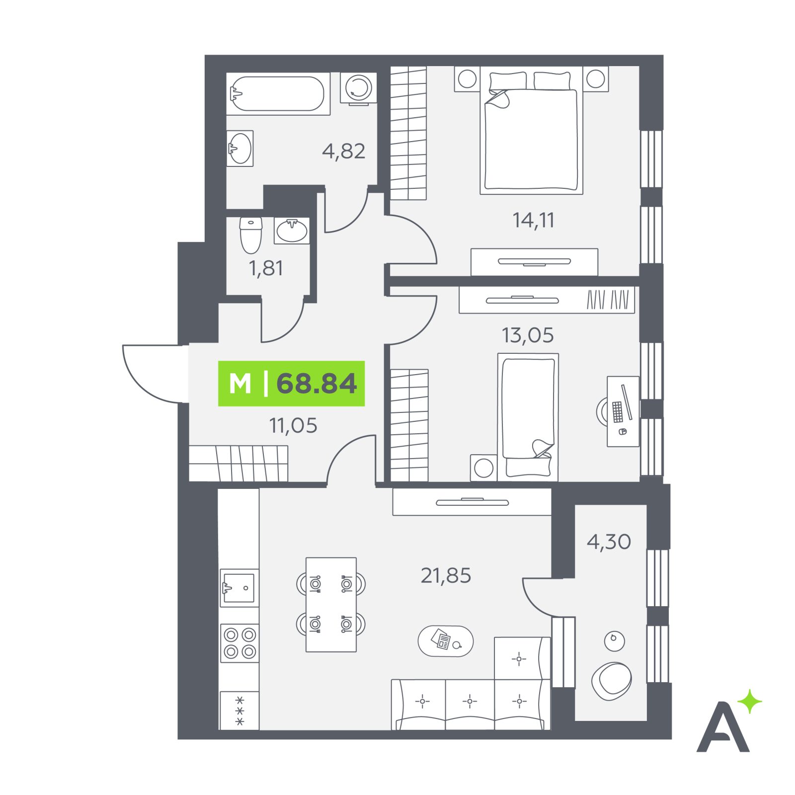 Планировка: 3-комнатная квартира, 68,8 м²