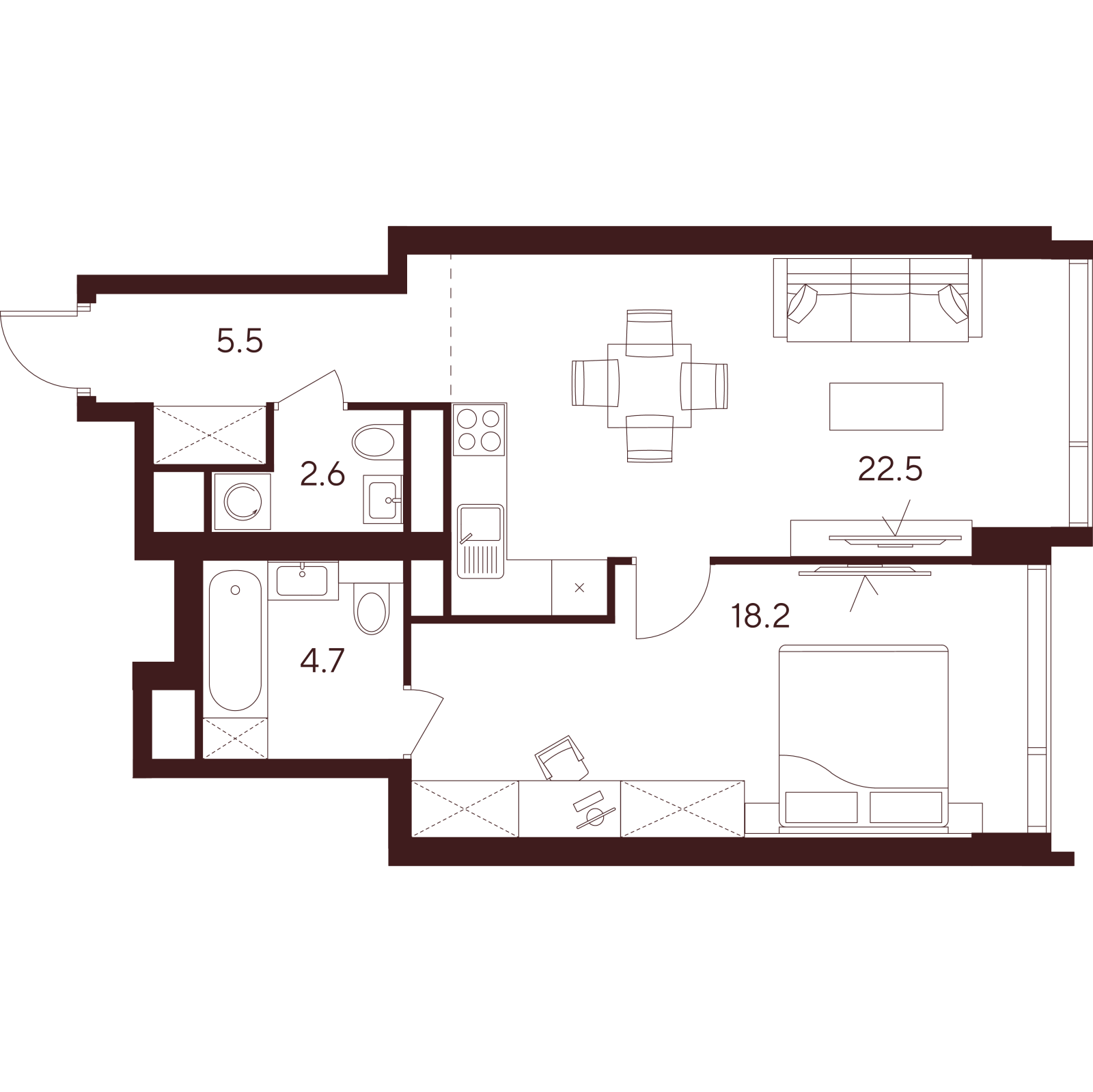 Планировка: 2-комнатная квартира, 53,5 м²