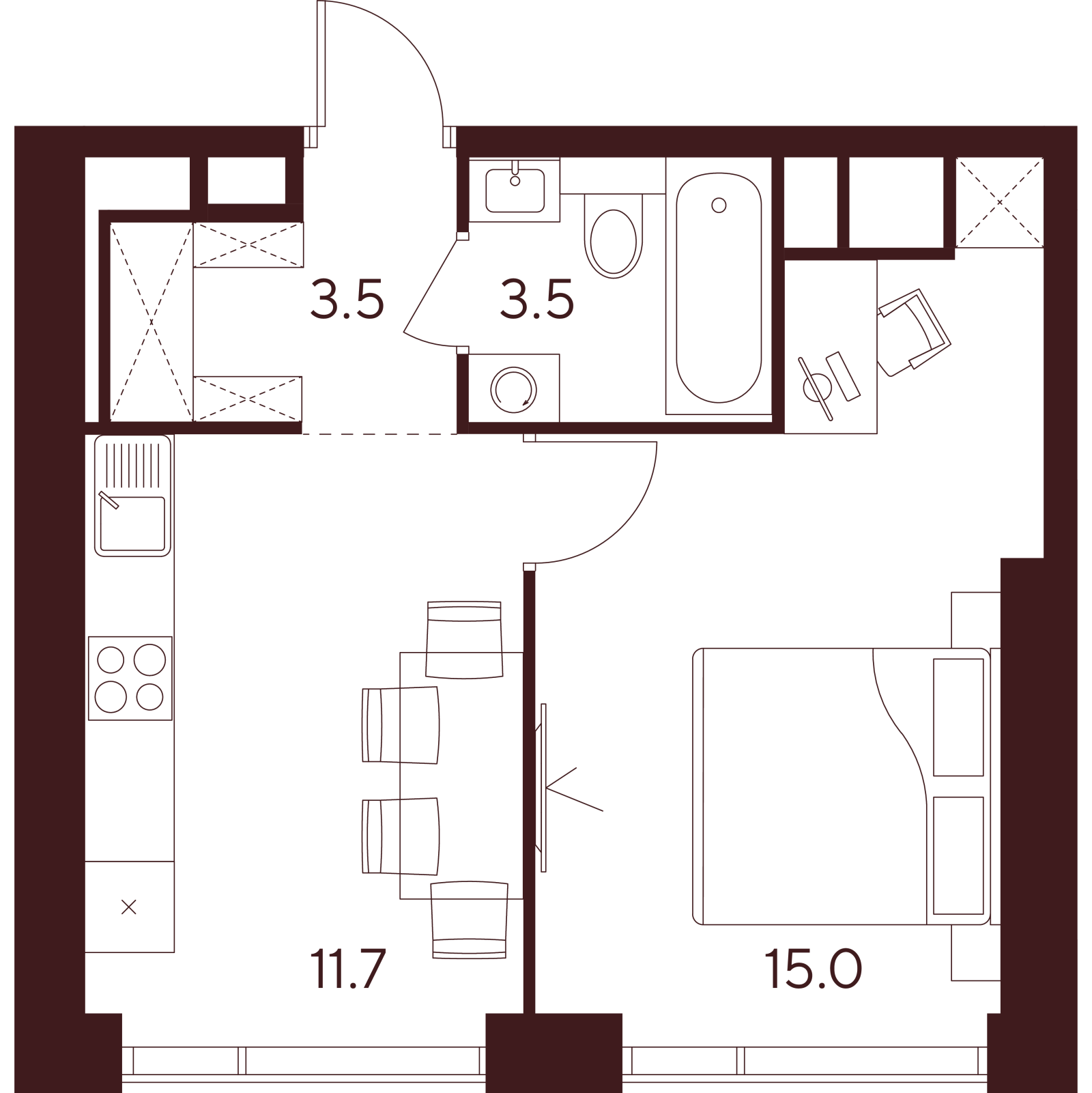 Планировка: 1-комнатная квартира, 33,7 м²