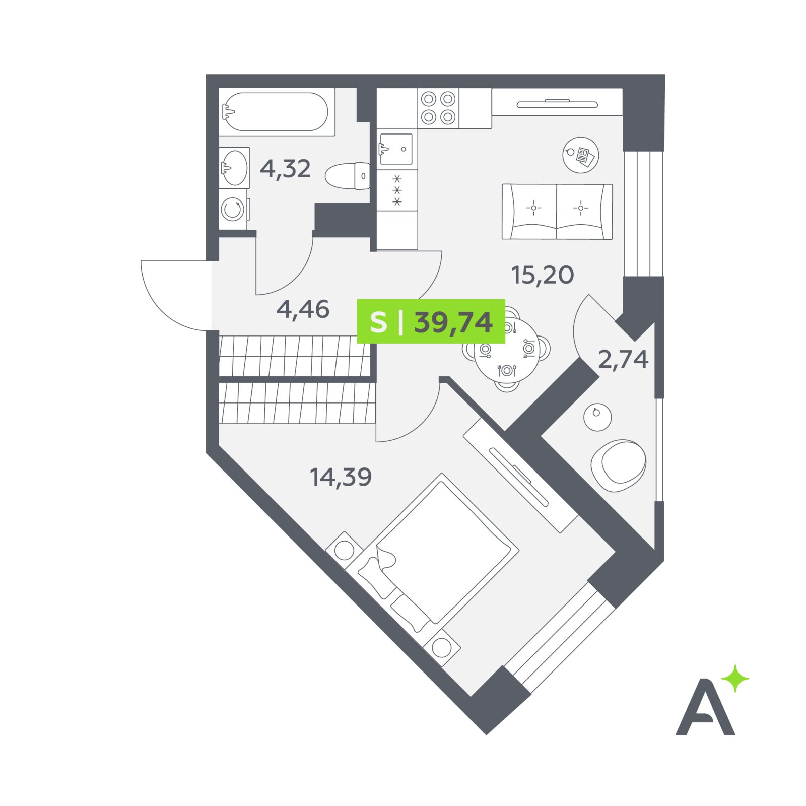 Планировка: 2-комнатная квартира, 39,7 м²