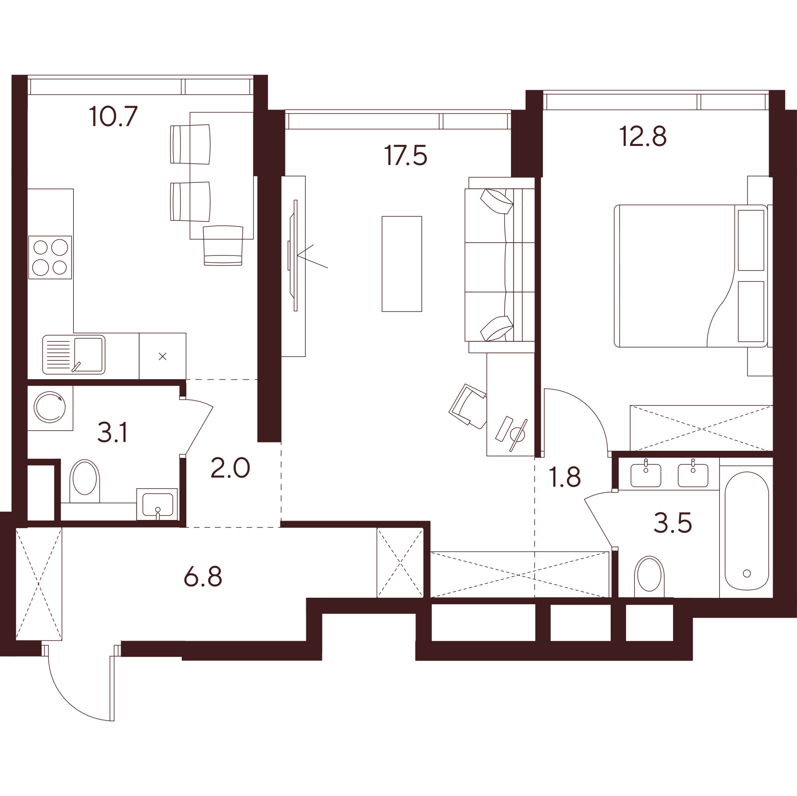 Планировка: 2-комнатная квартира, 58,2 м²