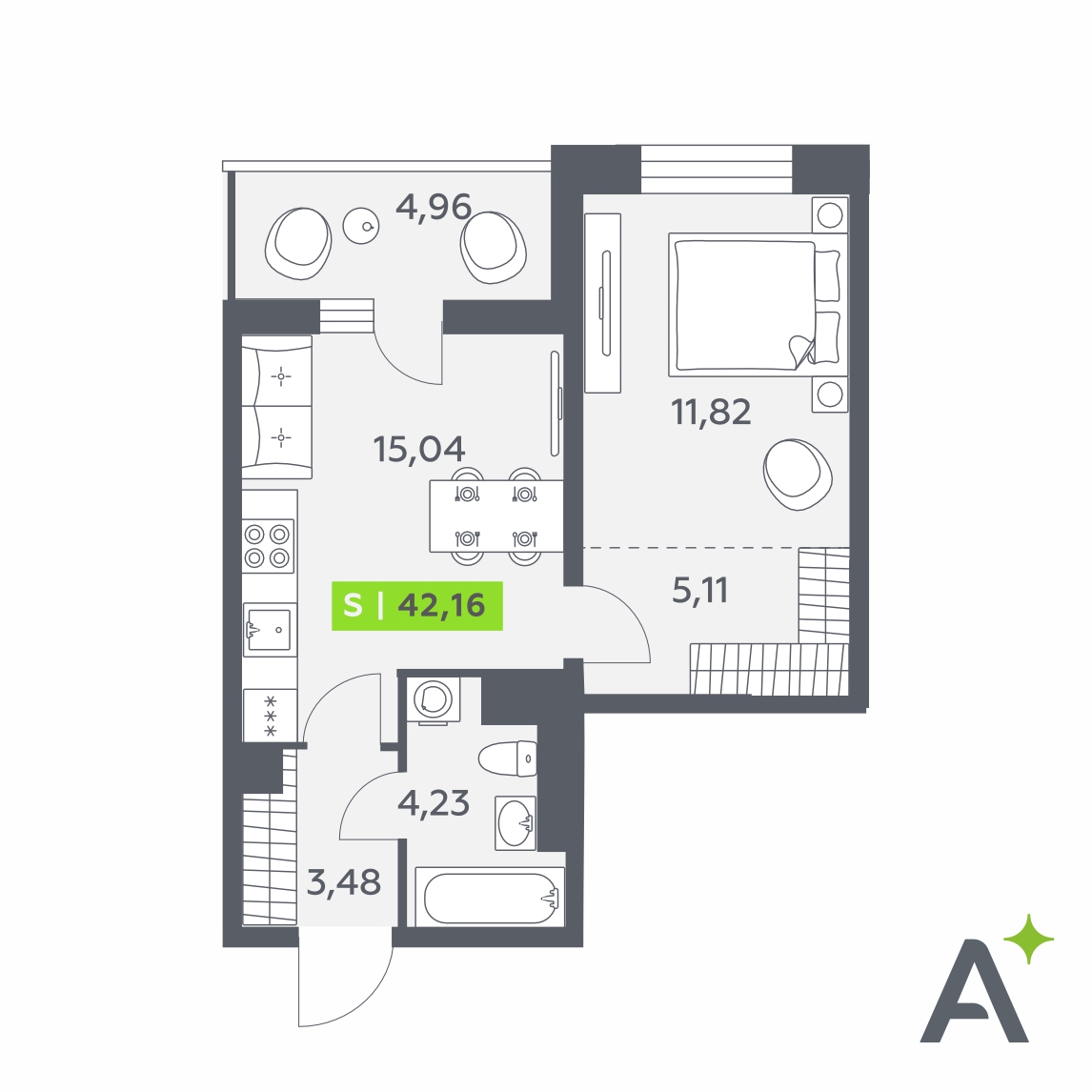 Планировка: 2-комнатная квартира, 42,2 м²
