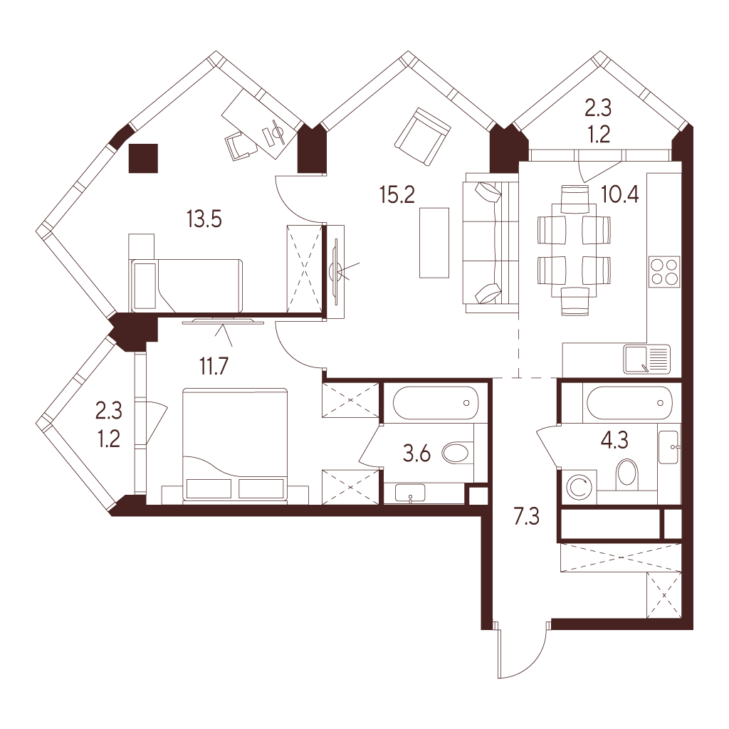 Планировка: 3-комнатная квартира, 68,4 м²
