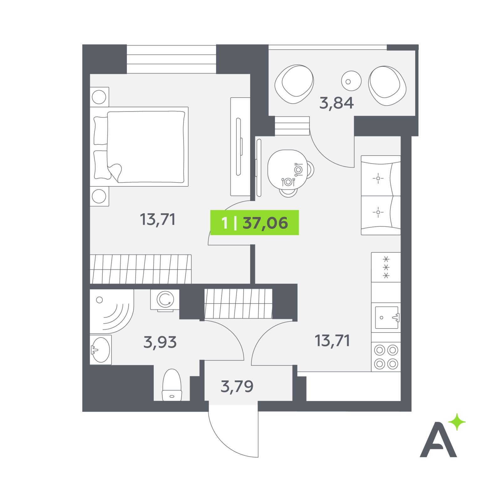 Планировка: 1-комнатная квартира, 37,1 м²